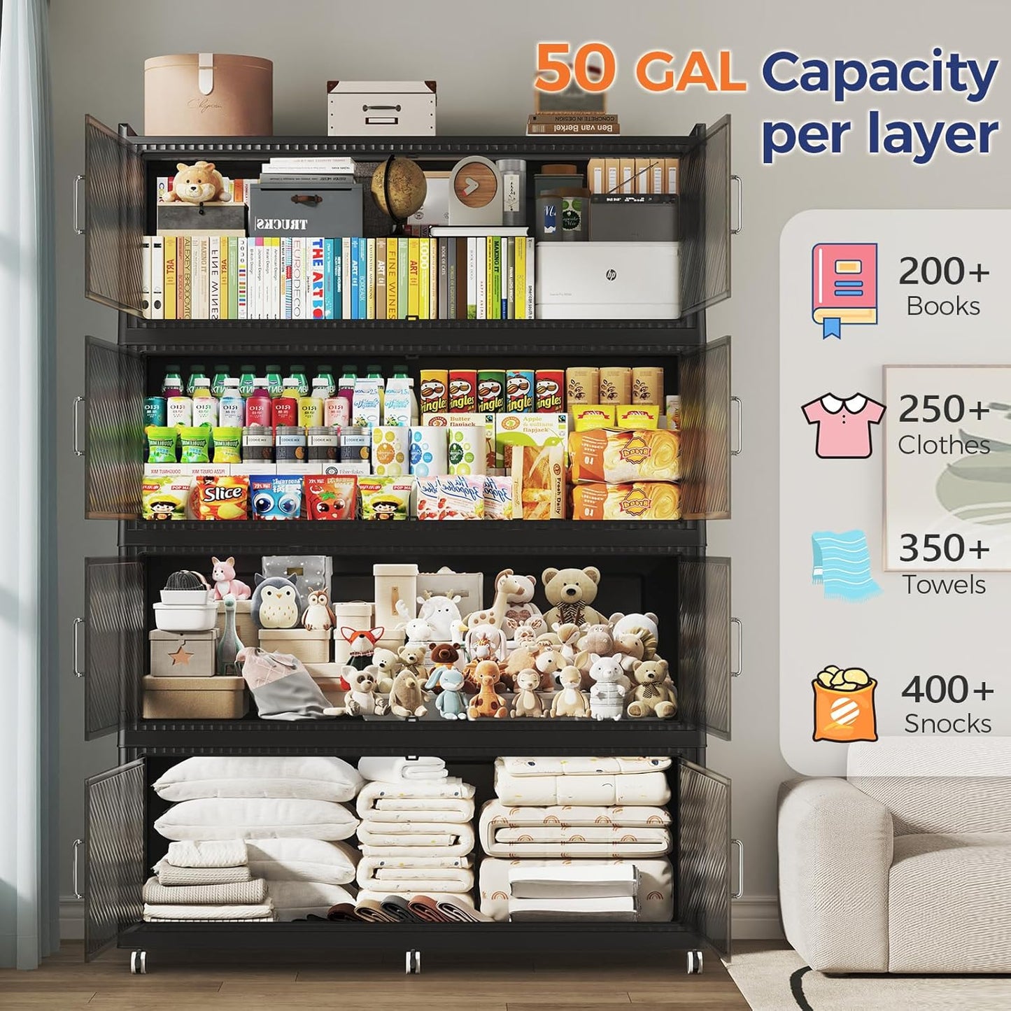 200GAL Extra Large Storage Bins with Lid, 800QT Plastic Stackable Storage Bins with 6x Wheels, Collapsible Closet Organizer and Storage Drawer Cabinet for Living Room Office Dorm, 4Pack Black