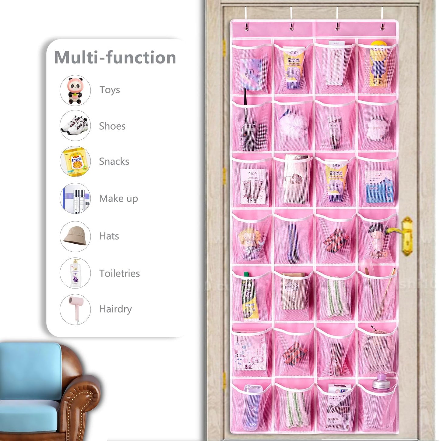 KEEPJOY 28 Pockets Hanging Shoe Organizer, Over the Door Shoe Organizer, Hanging Door Shoe Holder Rack with Mesh Pockets Large Size 65 x 23 Inch (Pink-1Pack)
