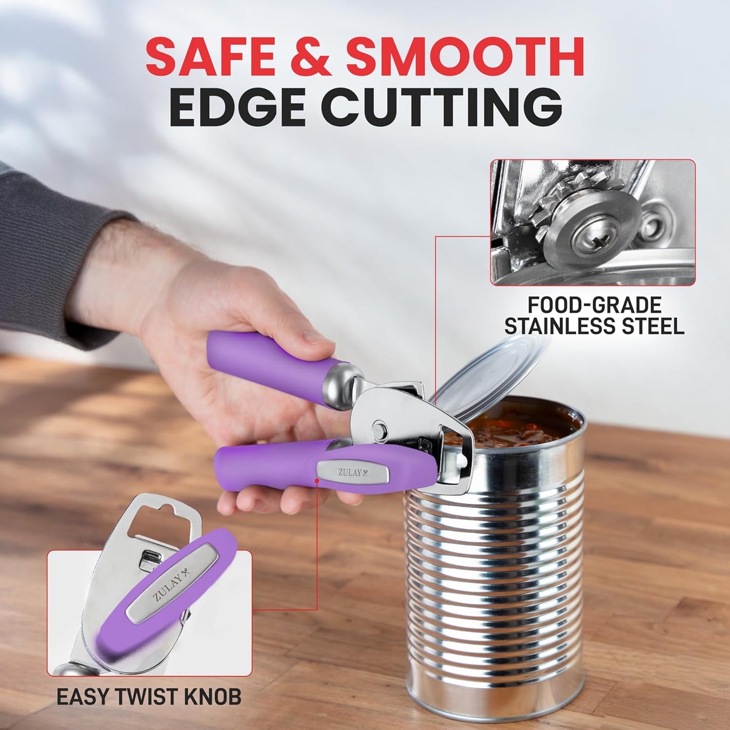 Zulay Kitchen Heavy Duty Stainless Steel Can Opener Manual with Bottle Opener - Rust Proof Manual Can Opener With Turn Knob & Comfy Soft Grip Handles - Purple