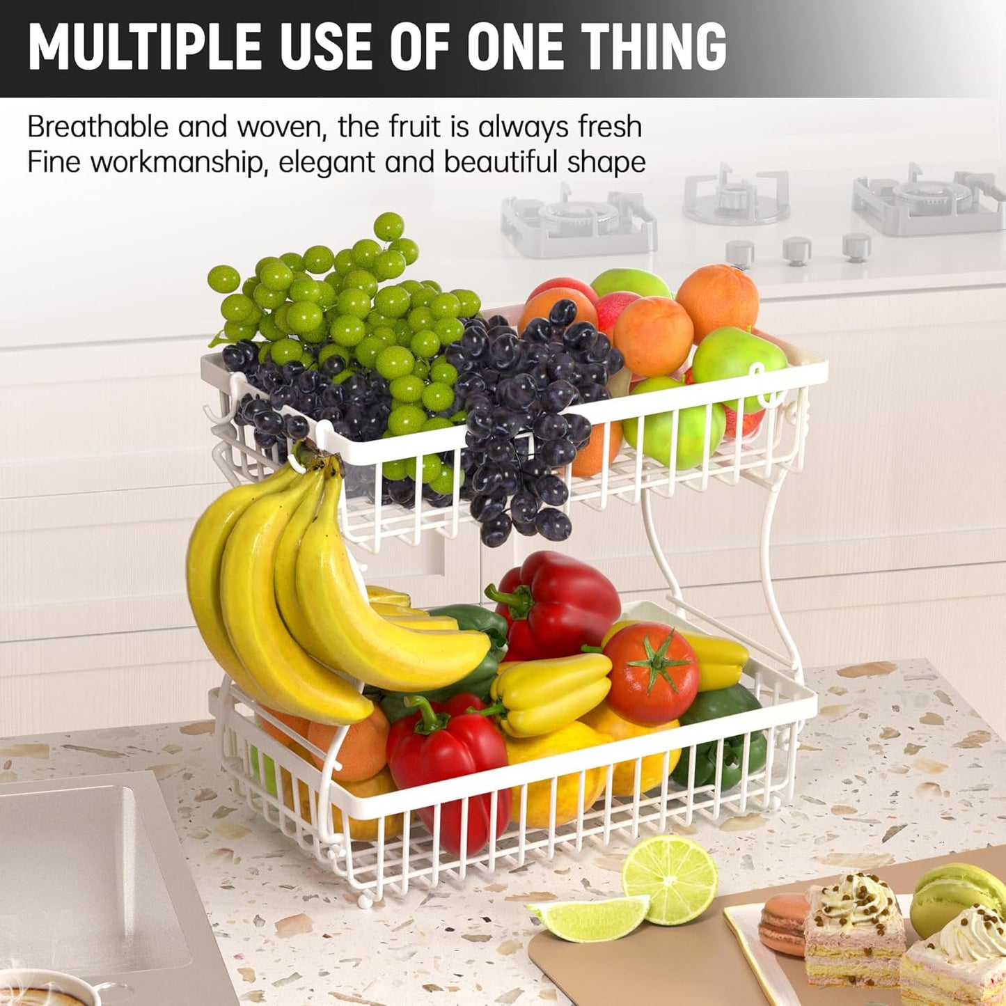 Fruit Basket,2-Tier Fruit Bowl with Banana Hanger,Kitchen Storage Countertop Rack,Fruit Metal Bowls Perfect for Holding Fruit,Vegetables,Snacks(White)
