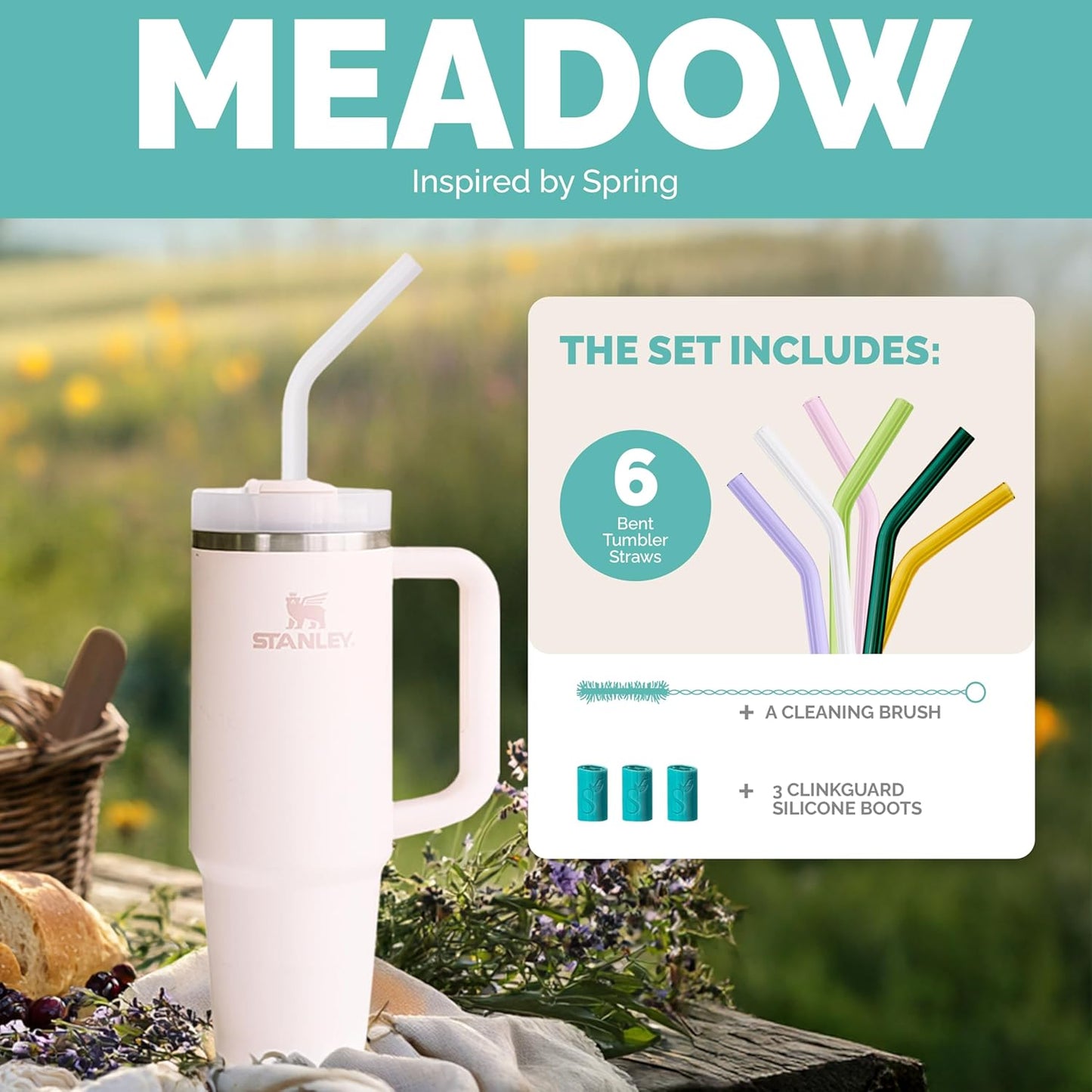 Simply Straws 12 Inch Glass Straws Bent (6-Pack) – Reusable Glass Straws for Stanley 40 Oz Tumbler, with Cleaning Brush – Durable, Dishwasher Safe, Hot & Cold Use, BPA-Free (Meadow)