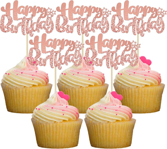 Ephlyn 24Pcs Rose Gold Happy Birthday Cupcake Toppers for Baby Shower, Kids, Boys, Girls Birthday & Anniversary Parties