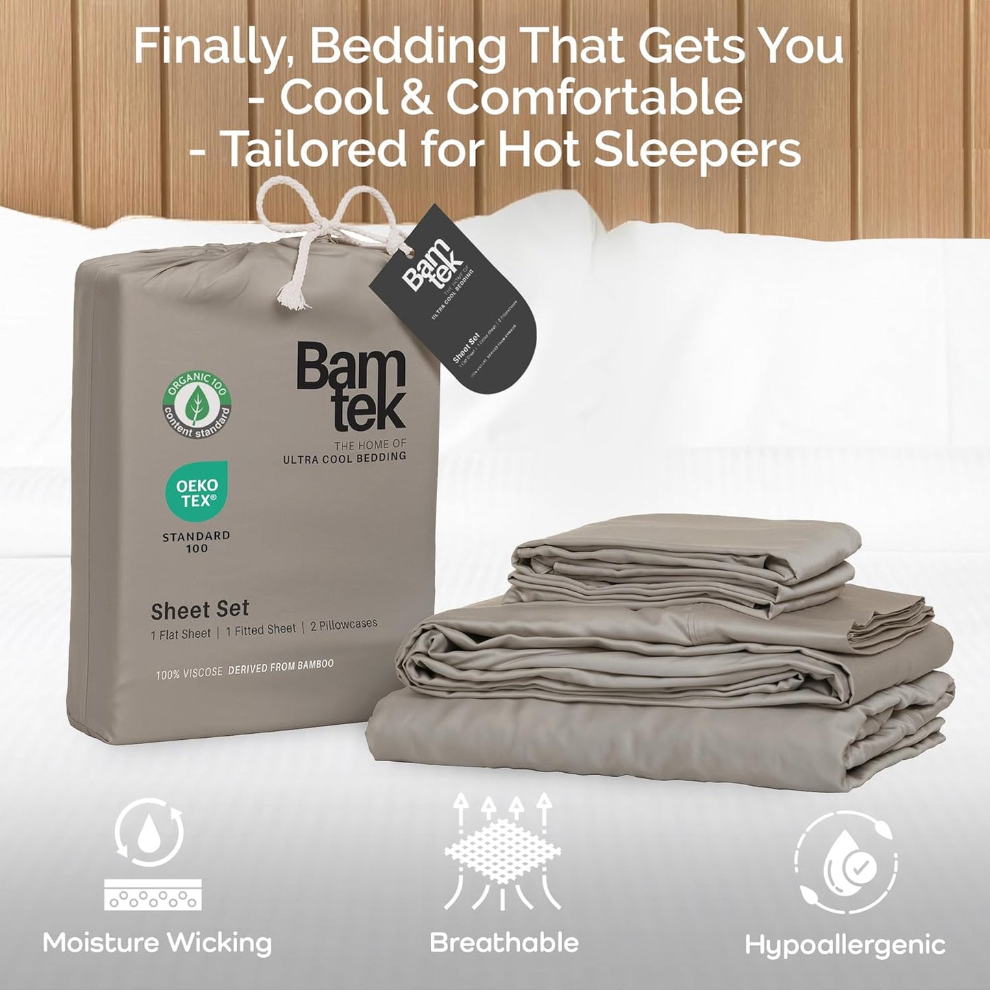 100% Viscose from Bamboo Sheets Full Size, Super Soft Bedding Set, Cooling Sheets for Hot Sleepers, Vegan Silk Moisture Wicking, Organically Grown Bedsheet, Sand - 54" x 75"