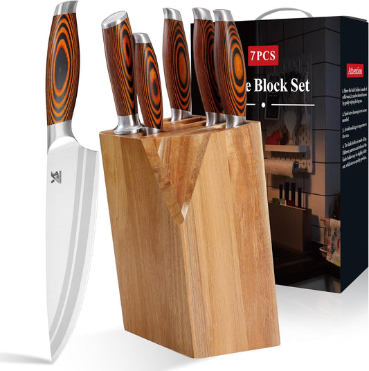 MSY BIGSUNNY 7pcs Knife Block Set, German Steel Chef Knife Set, Precious Pakkawood Handle for Kitchen Knife Block Set