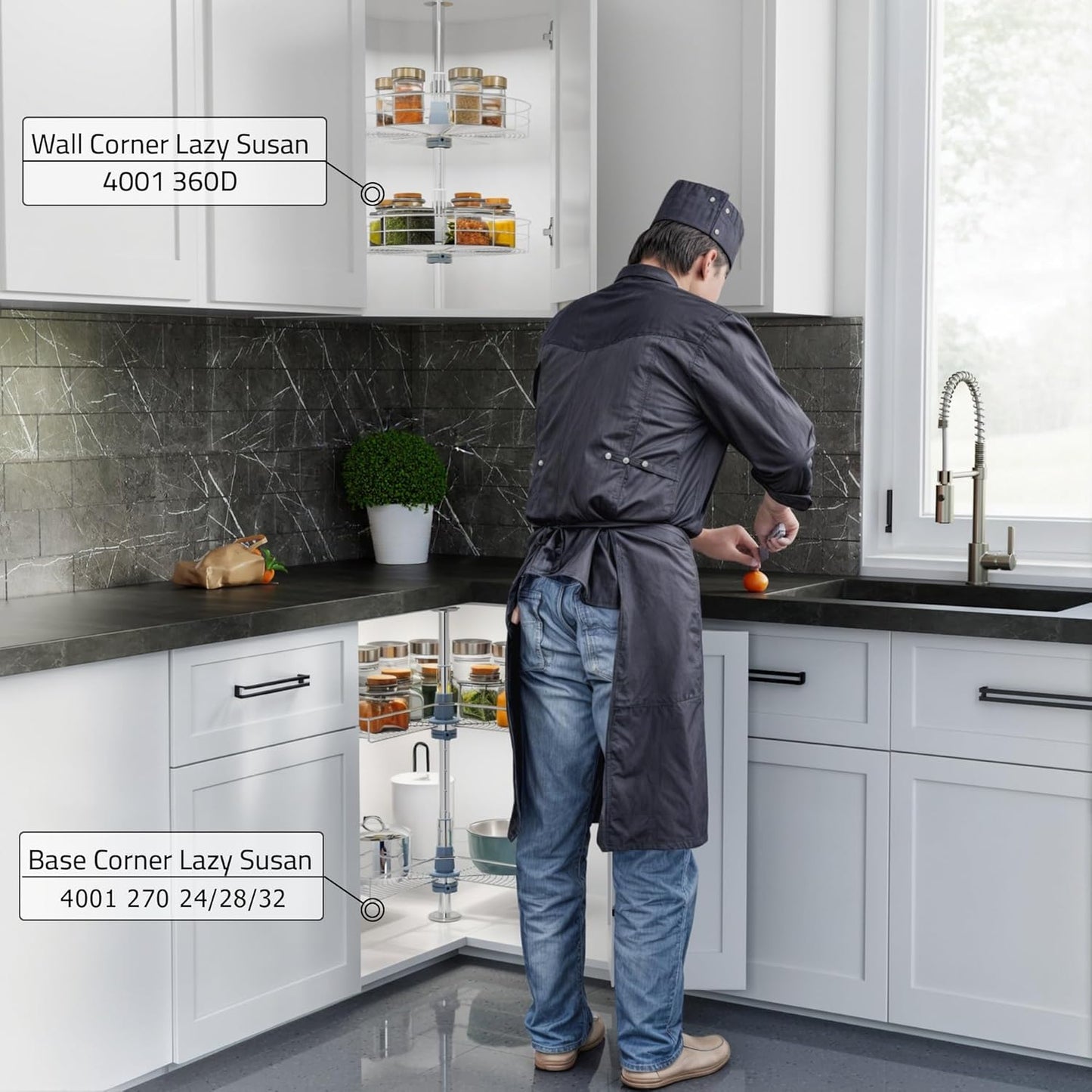 Dowell 28" Kidney Lazy Susan, 2 Shelves, Kitchen Base Corner Cabinet Organizer (Chrome 4001 270 28)