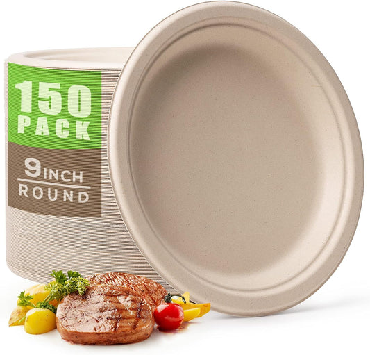 Gezond 150pcs Compostable Paper Plates 9 Inch Disposable Plates Unbleached Heavy Duty Eco-friendly Sugarcane Fiber Biodegradable Plate for Party Picnic