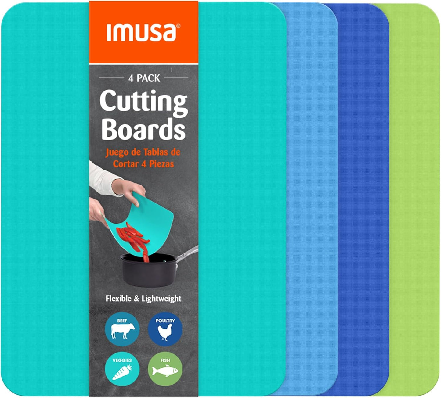 IMUSA Flexible Cutting Mats - 4 Pack – 11.5" x 15" Thin Plastic Cutting Boards for Kitchen, Color Coded, Non-Slip Backing, Odor Resistant Cutting Mat Set, Easy to Clean, Food Prep Boards
