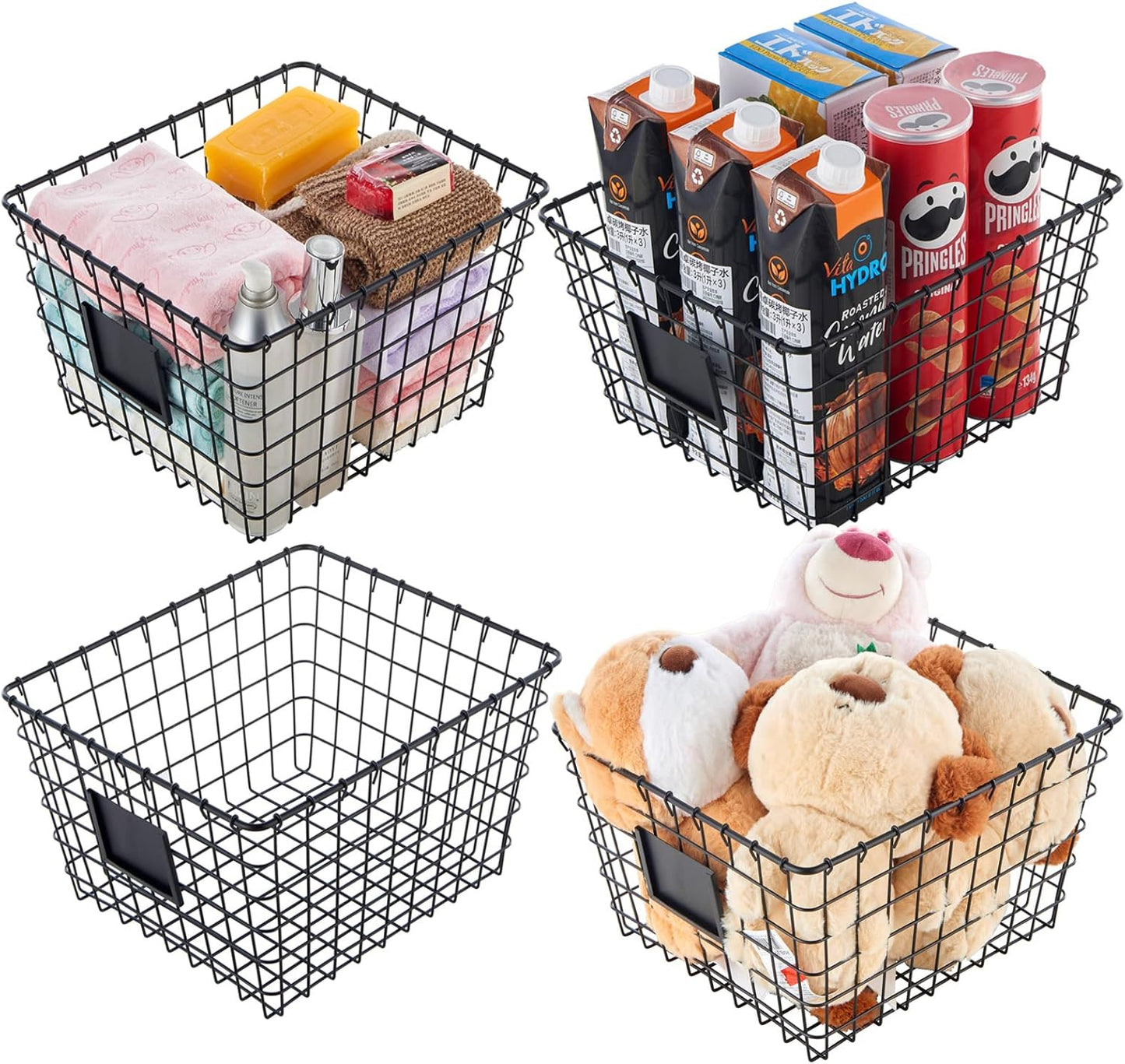 4 Pack【Large】 Wire Handmade Storage Basket for Organizing Household Goods,Pantry Organization,Bathroom countertop,Laundry,Wardrobe Storage Basket,Black