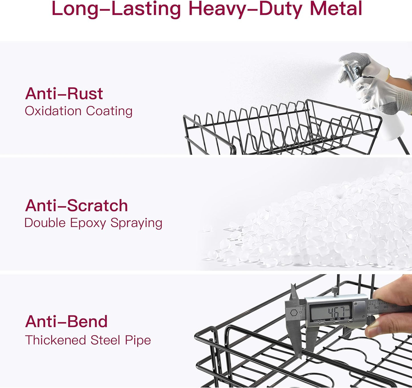 BOOSINY 2 Tier Black Large Stainless Steel Dish Drainers Drying Rack for Kitchen Counter with Drainboard, Rust Proof Metal, Space Saving, Modern Aesthetic, Compact Plates Strainers with Extra Mat