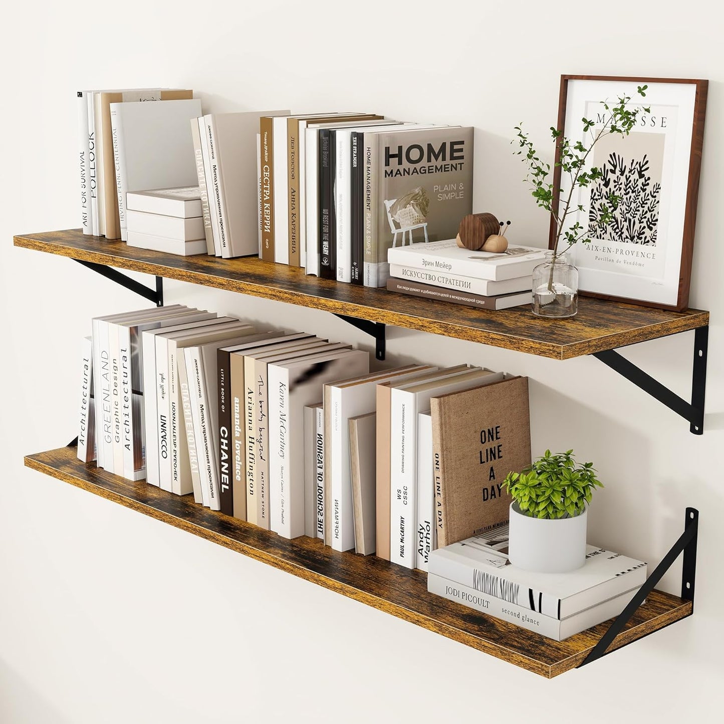 Heimlove Deep Floating Shelves for Wall, 48W x 12D Wood Wall Shelves Set of 2, Wide Floating Bookshelf for Living Room, Kitchen, Office, Bedroom and Decor Storage, with Metal Bracket - Rustic Brown