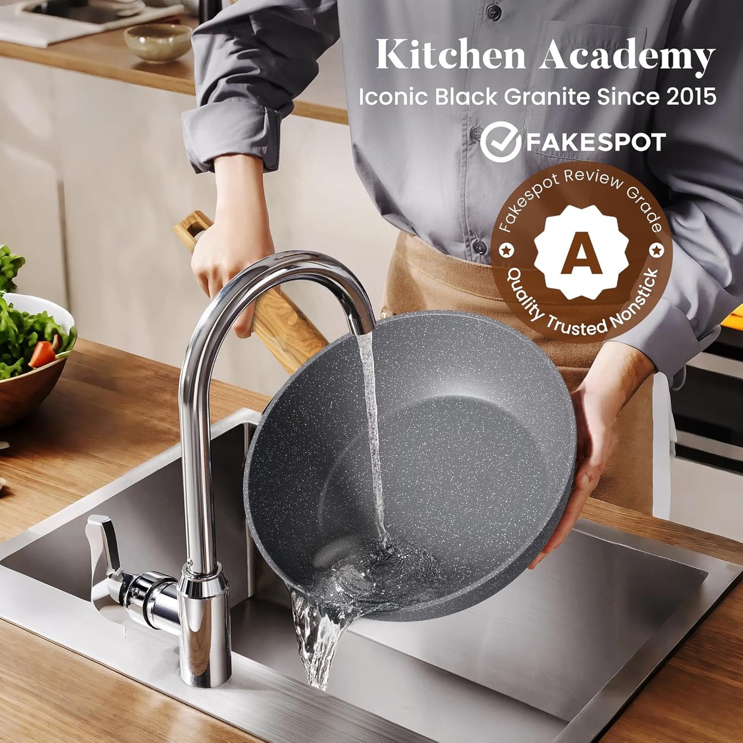 Kitchen Academy Granite Nonstick Cookware Set - 17 Piece Gray Cooking Pans Set, Induction Pots and Pans Set Non Stick, PFOA & PFOS Free.