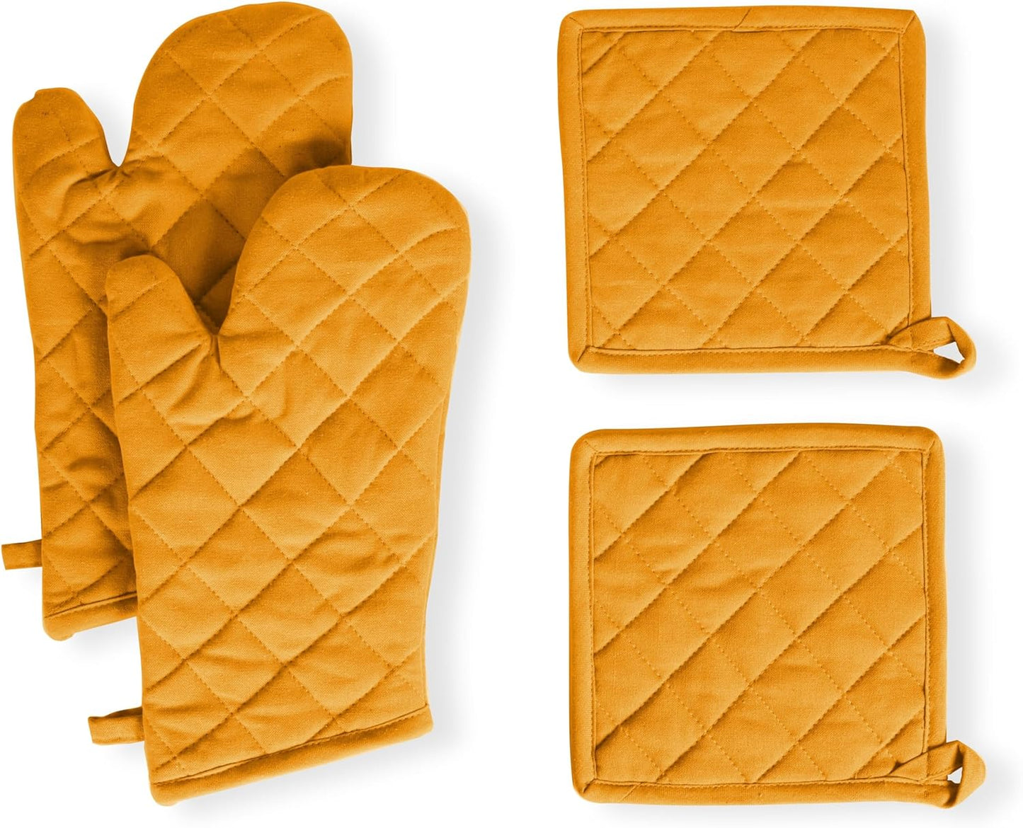 Native Fab 4 Piece Set - 2 Oven Mitts & 2 Potholders, Heat Resistant, 100% Cotton, Quilted Design, Non-Slip Grip, Machine Washable, Ideal for Baking, Cooking, BBQ, Kitchen Protection - Mustard Yellow