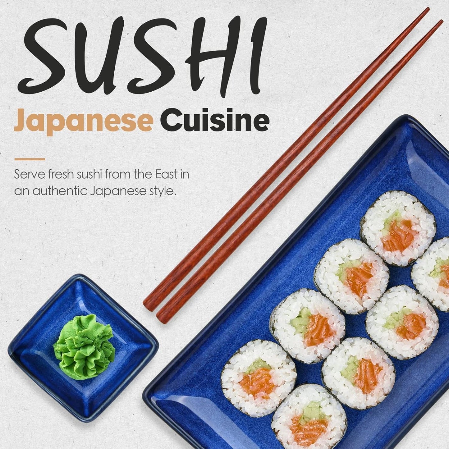Ceramic Sushi Serving Tray Sets 2, 6 Pieces Japanese Style Porcelain Sushi Plate Set with Soy Sauce Dishes, Bamboo Chopsticks Housewarming Gift, Blue