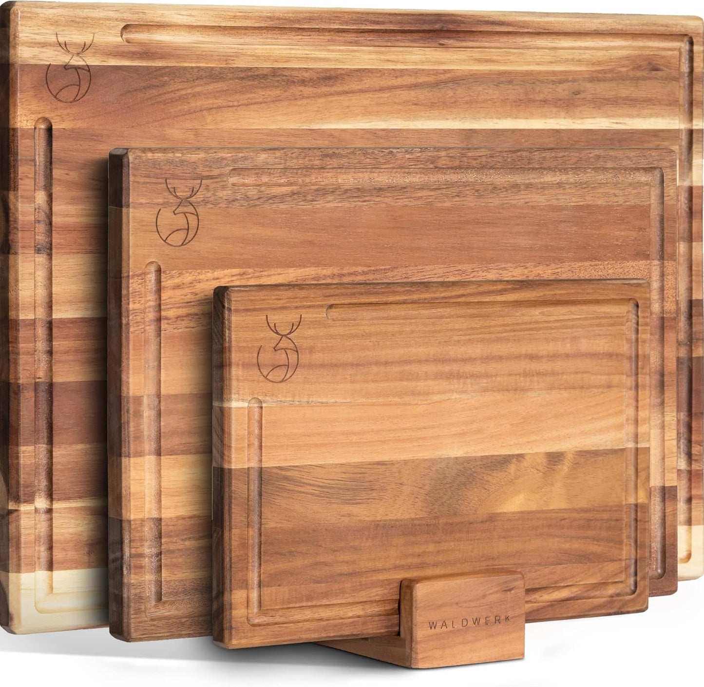 WALDWERK Cutting Board Set (15.75 x 12/13 x 9.5/10 x 7 in) out of Solid Acacia Wood - 0,8 in Thick Cutting Boards for Kitchen - Wood Cutting Boards - Wooden Chopping Boards for Kitchen