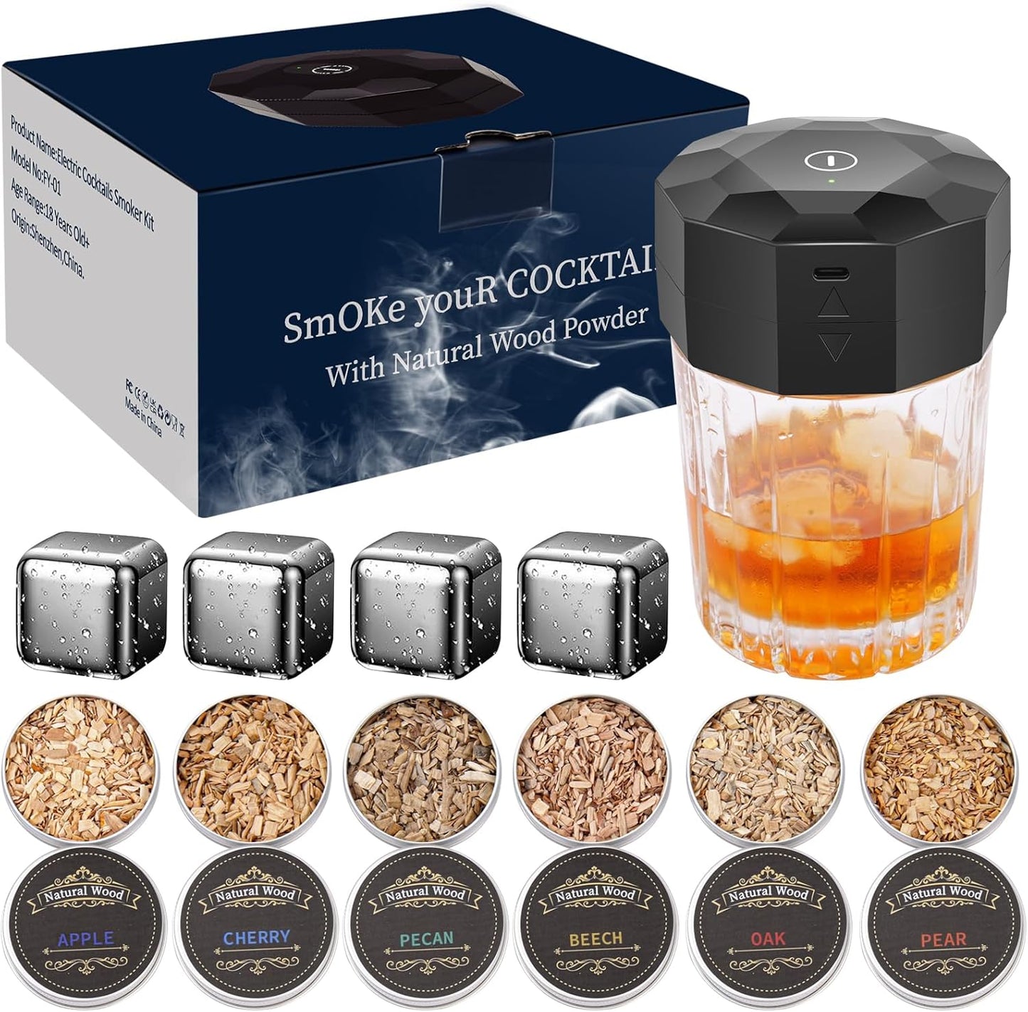 Whiskey Smoker Kit - Electric Cocktail Kit with 6 Flavors Wood Chips, Rechargeable Old Fashioned Smoker Kit Built-in Lighter, Anniversary Birthday Christmas Gifts for Men