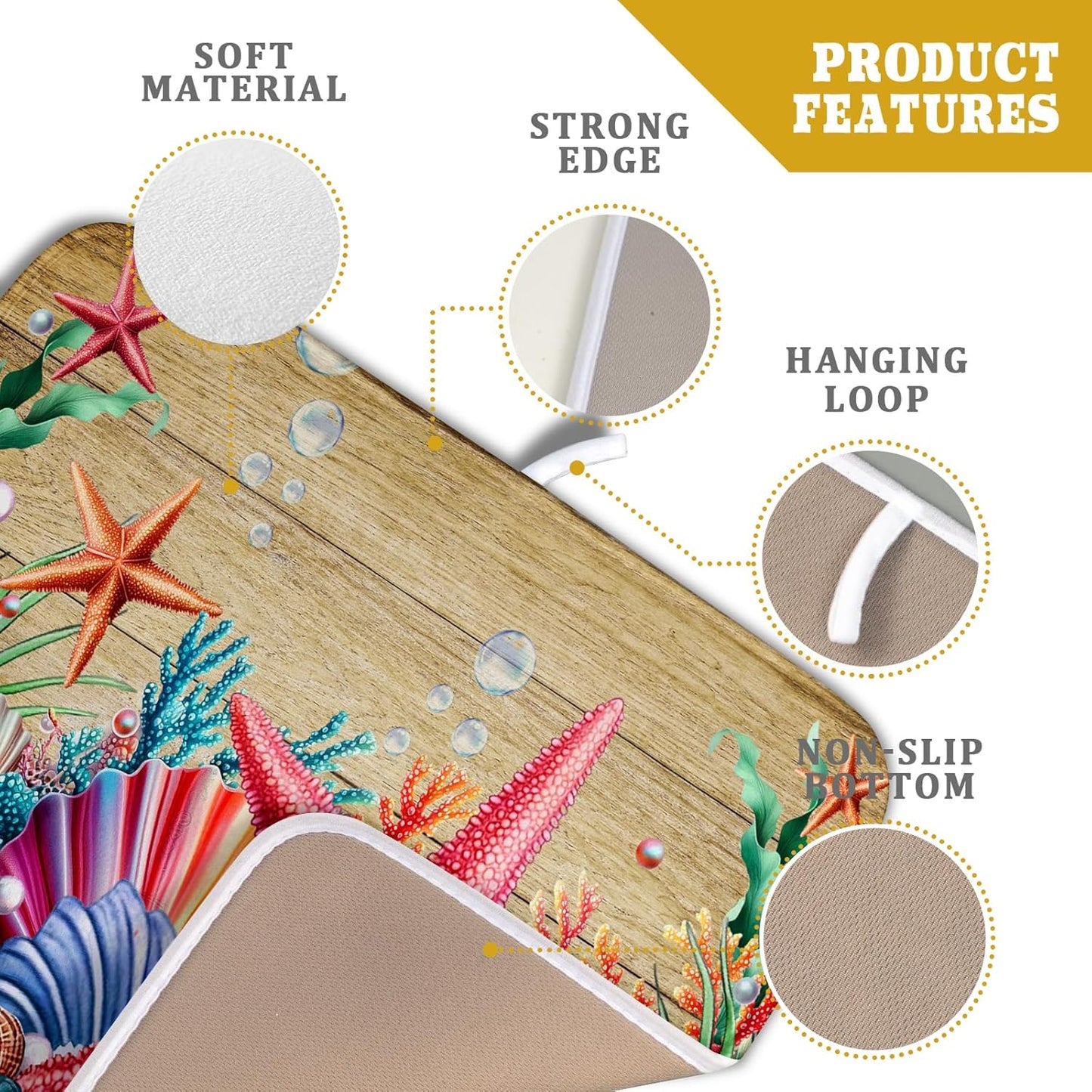 Summer Ocean Dish Drying Mat - Starfish Seashells Absorbent Kitchen Countertop Drying Pad 16 X 18 Inch