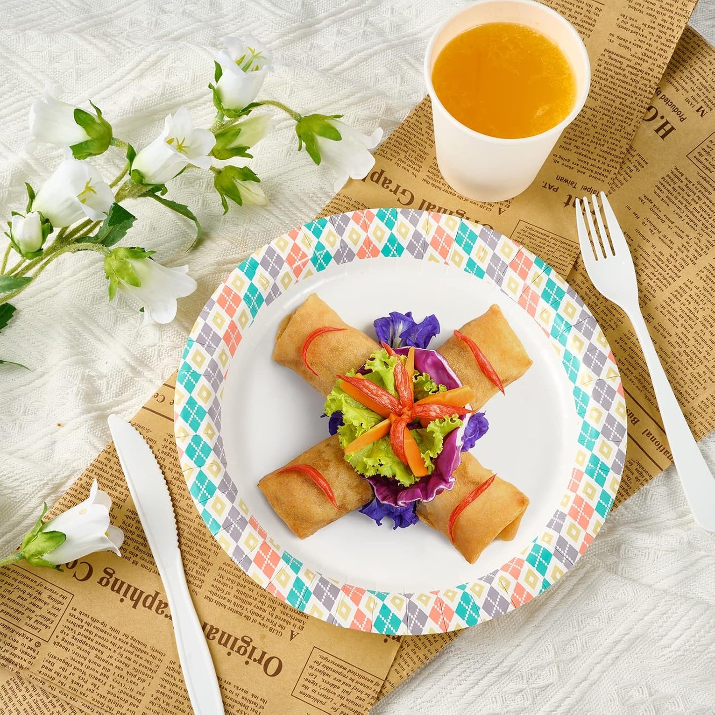 FOCUSLINE 360pack Paper Plates 8.375 Inch, Soak Proof Disposable Paper Plates for Everyday Use, 360 Count Plate with Color Checkered Design, Strong and Heavy Duty Round Plate