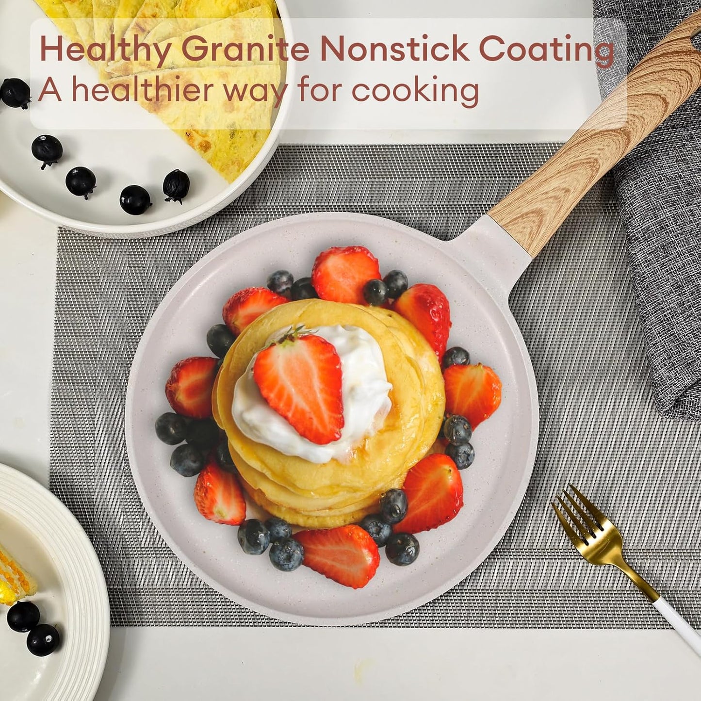 JEETEE Crepe Pan Nonstick, 11 inch Comales Para Tortillas Griddle Pan for Stove Top, Granite Coating Flat Pancake Pan Dosa Tawa, PFOA FREE and Induction Compatible (Beige)