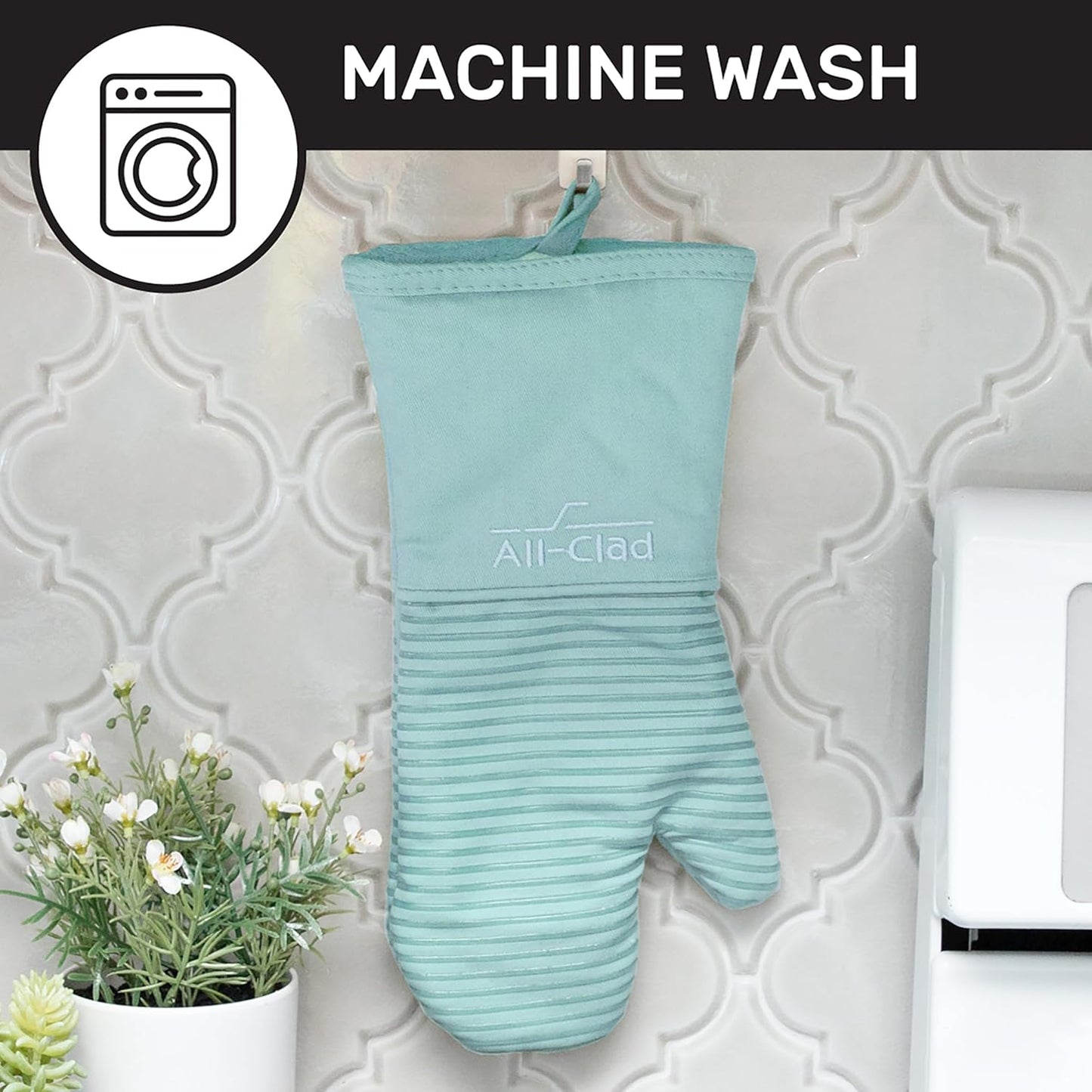 All-Clad Silicone Oven Mitts: Heat Resistant up to 500 Degrees - 100% Cotton & Silicone, 14"x7" Oven Mitt for Kitchen and Barbeque, 2-Pack, Rainfall