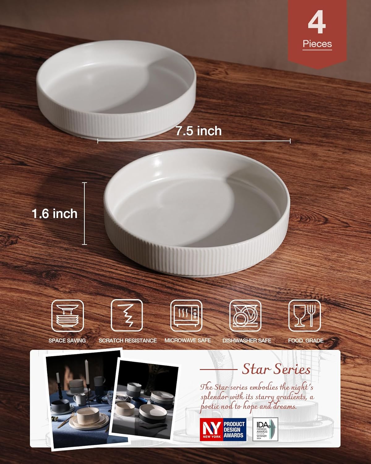 famiware Star 7.5" Pasta Bowls Set, Salad Bowl Set of 4, Double Reactive Glaze, Stackable, Perfect for Your Friend for Housewarming, Thanksgiving, Christmas, Matte White