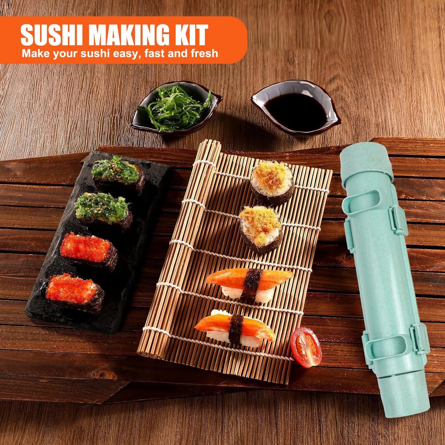 Sushi Making Kit, Sushi Roller, Sushi Bazooka, Sushi Maker, Bamboo Sushi Rolling Mat For Beginners (Green)