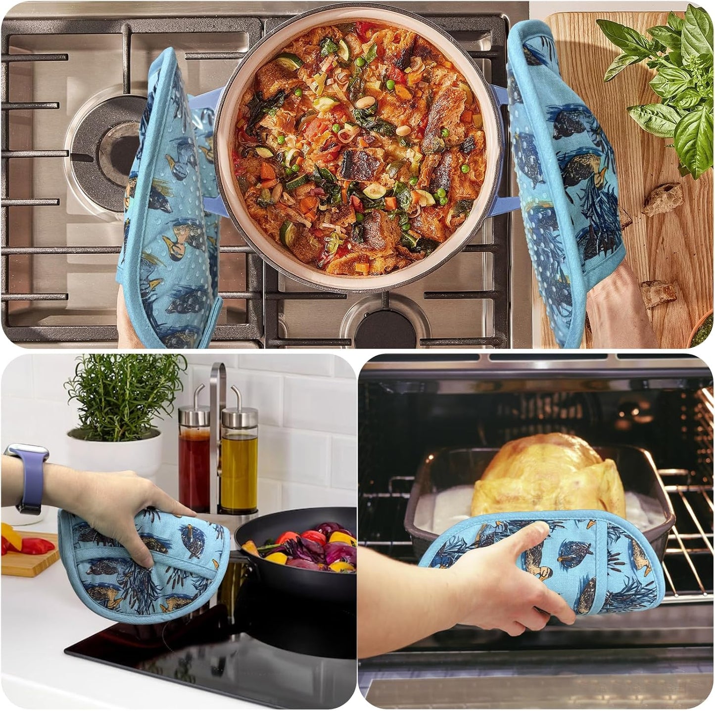 Pot Holders Set of 2 with Transparent Clear Silicone Shell and Nice Duck Flower Cotton Lining, Heat Resistant to 500 F Kitchen Oven Gloves Pot Holder for Cooking (Wathet Blue, Potholders)