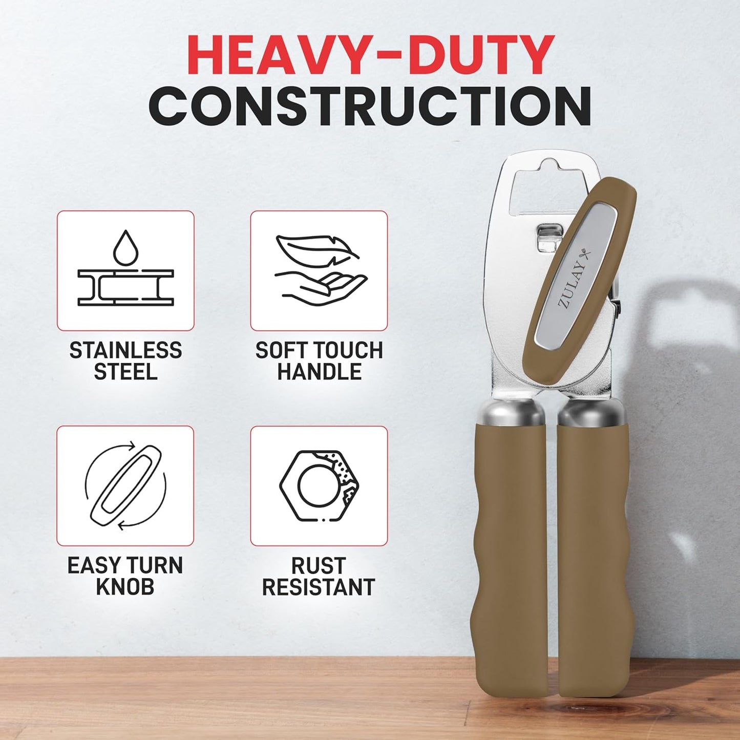 Zulay Kitchen Heavy Duty Stainless Steel Can Opener Manual with Bottle Opener - Rust Proof Manual Can Opener With Turn Knob & Comfy Soft Grip Handles - Brown