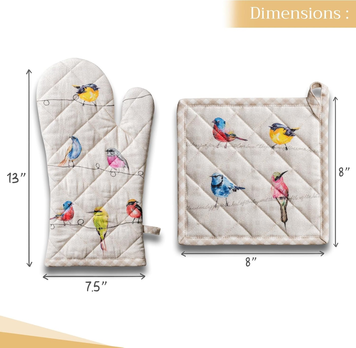 Maison d' Hermine 100% Cotton Oven Mitt & Pot Holder Set (7.5"x13" & 8"x8") Heat Resistant BBQ Cooking Gloves with Loop, Baking, Grilling, Kitchen, Handling Hot Pans Spring/Summer (Birdies On Wire)