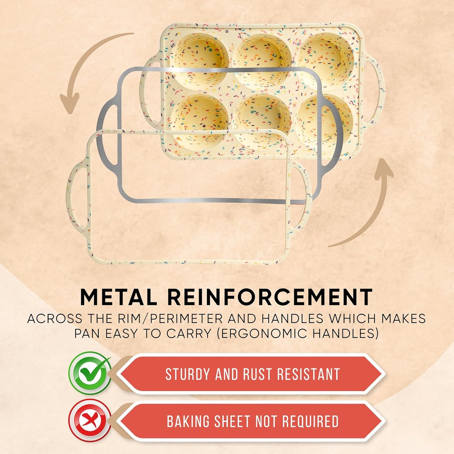 2 Pack Confetti Regular Size 6 Cup Silicone Muffin Pans for Baking, Non-Stick Silicone Cupcake Pans for Baking,Easy-Release, Metal Handles, Dishwasher Safe & BPA Free - Confetti Color