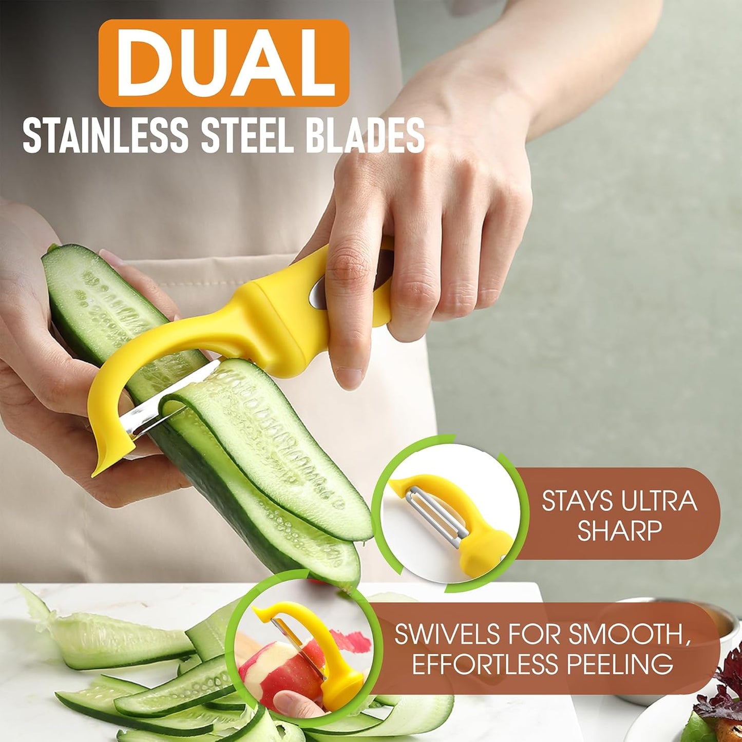 Spring Chef Premium Stainless Steel Yellow Swivel Potato Peelers for Kitchen, Dishwasher Safe Carrot Peeler with Comfortable Handle, Perfect for Vegetable, Fruit, Apple, Cucumber - Set of 2
