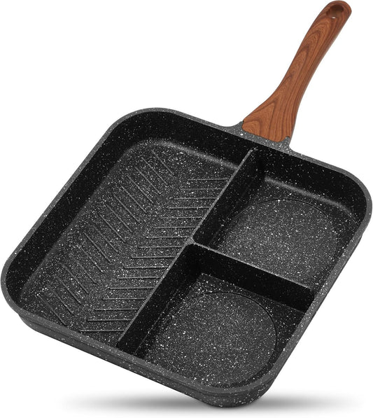 ESLITE LIFE 11 Inch Nonstick Divided Grill Pan for Indoor Cooking, Versatile 3-In-1 Induction Large Breakfast Pan for Stove Tops, PTFE & PFOA Free, Black