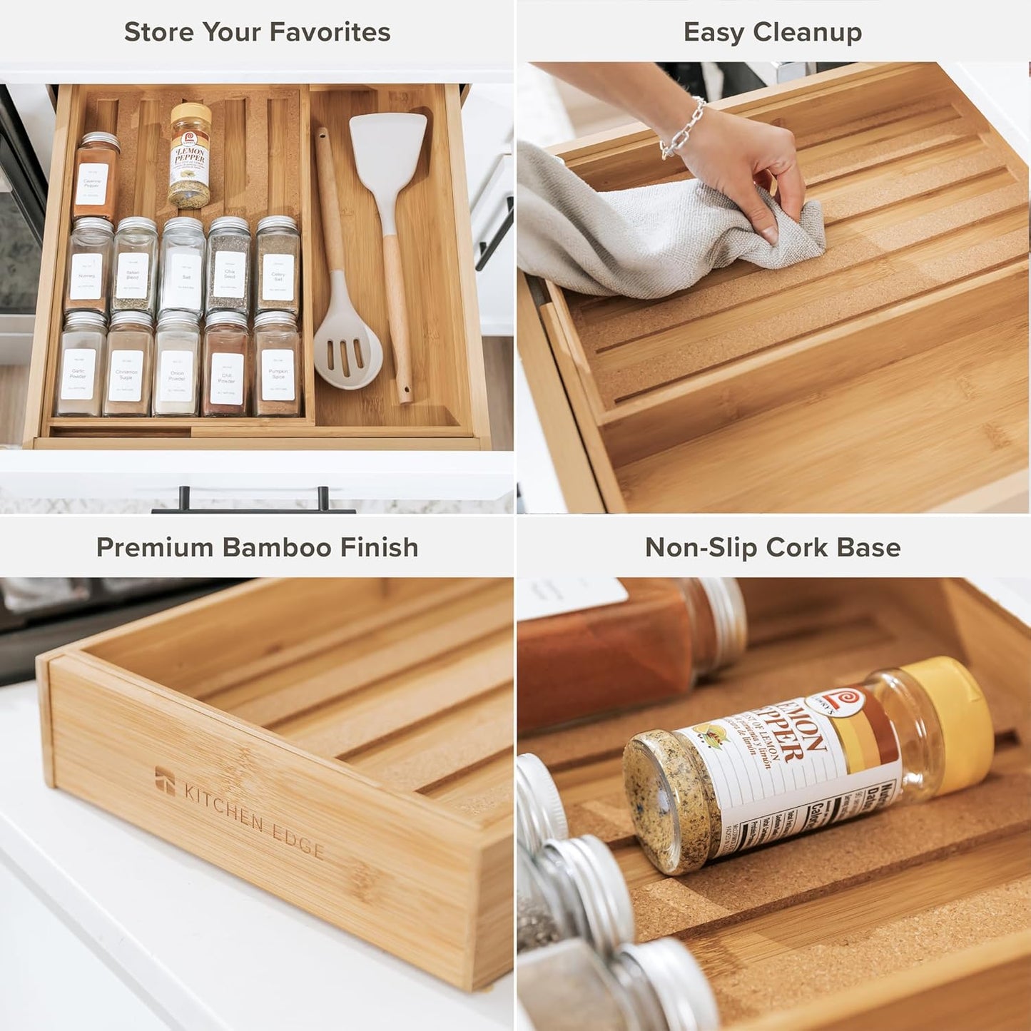 KitchenEdge Spice Drawer Organizer with Expandable Storage. Holds up to 15 Spice Jars (Not Included), Non-Slip Feet, Kitchen Accessory Storage, 100% Sustainable Bamboo Wood