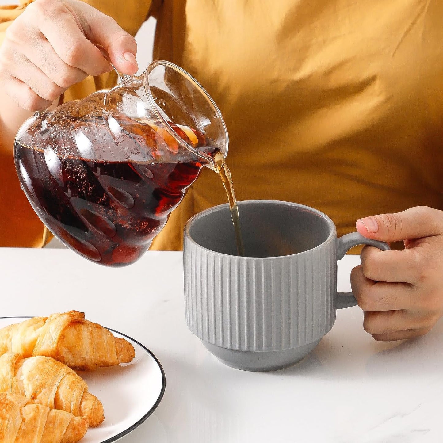 Hasense Coffee Mugs Set, Stacking Tea Cups Set of 4 with Holder - 15 oz Large Ceramic Ribbed Latte Cup Set for Cappuccino, Tea, Hot Cocoa, Drinks - Dishwasher & Microwave Safe, Grey