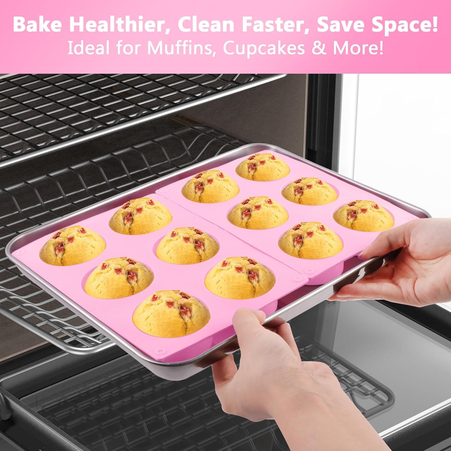 3-Pack Jumbo 6-Cup Silicone Muffin Pan Silicone Muffin Pan - Non-Stick Baking Mold for Cupcakes, Cornbread, Eggs - Pink