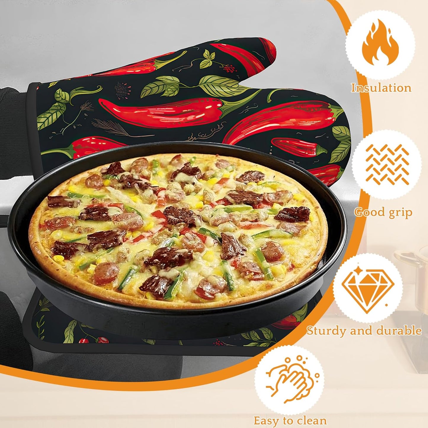 Red Pepper Oven Mitts and Pot Holders Set,Kitchen Oven Gloves and Pot Holder with Heat Resistant Non Slip for Cooking Baking Grilling(4 Piece Set)