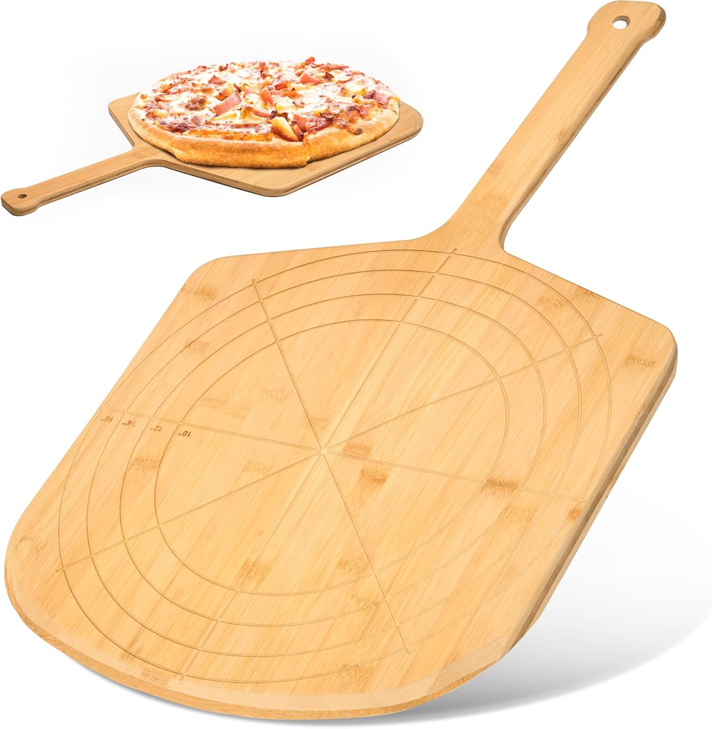 Loftern Wooden Pizza Peel 16 Inch Board with Engraved Sizes - Multi-Purpose Bamboo Pizza Cutting Board, Wood Pizza Peel, Pizza Spatula Paddle, and Serving Board with Size and Cutting Guide