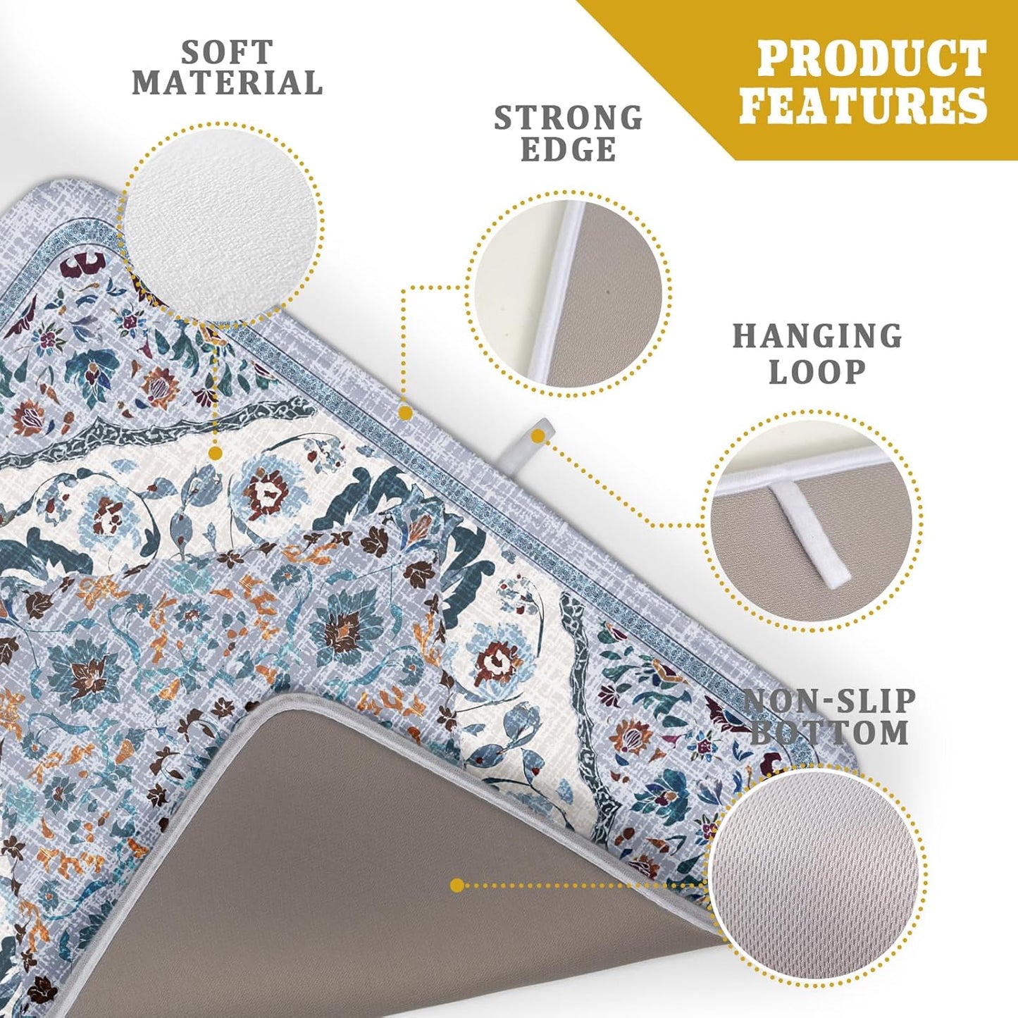 Boho Flower Dish Drying Mat Blue Bohemian Dishes Drainer Rack Mat 18x24 Inch Microfiber Kitchen Drying Pad for Countertop Tableware Decor