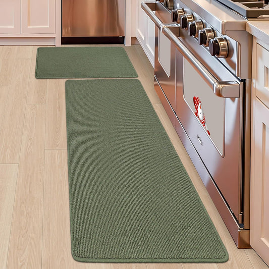 COSY HOMEER 20x30 Inch/20X48 Inch Kitchen Rug Mats Made of 100% Polypropylene Strip TPR Backing 2 Pieces Soft Kitchen Mat Specialized in Anti Slippery and Machine Washable,Green