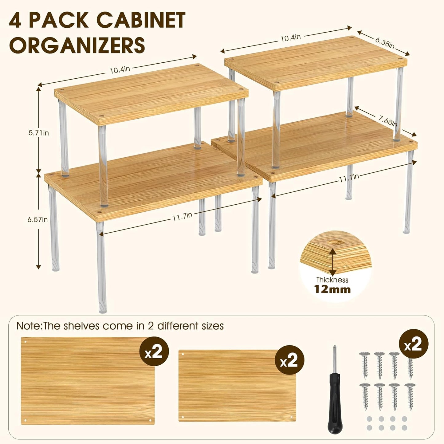 Jolitac Cabinet Organizer Shelf - Set of 4 Clear Acrylic Spice Rack, Stackable Pantry Storage Shelves for Kitchen Counter, Bathroom, Desk - Multi-Purpose Bamboo Space Saving Shelves, Easy Assembly