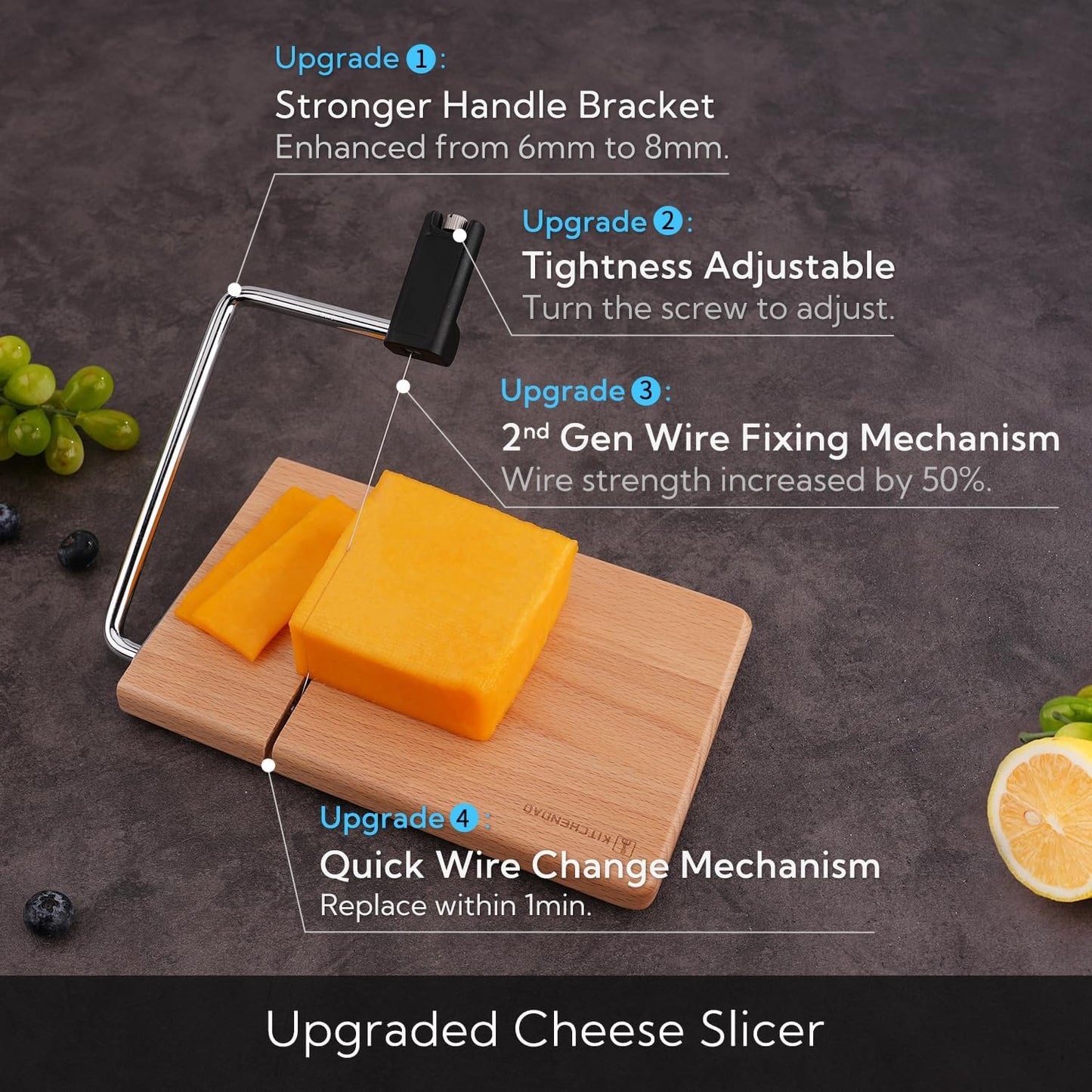 KITCHENDAO Replaceable Wire Cheese Slicer with Board, Tightness Adjustable Cheese Slicer, Beech Wood Cheese Cutter for Block Cheese, Easy to Replace, with 2 Extra Upgrade Strong Wires