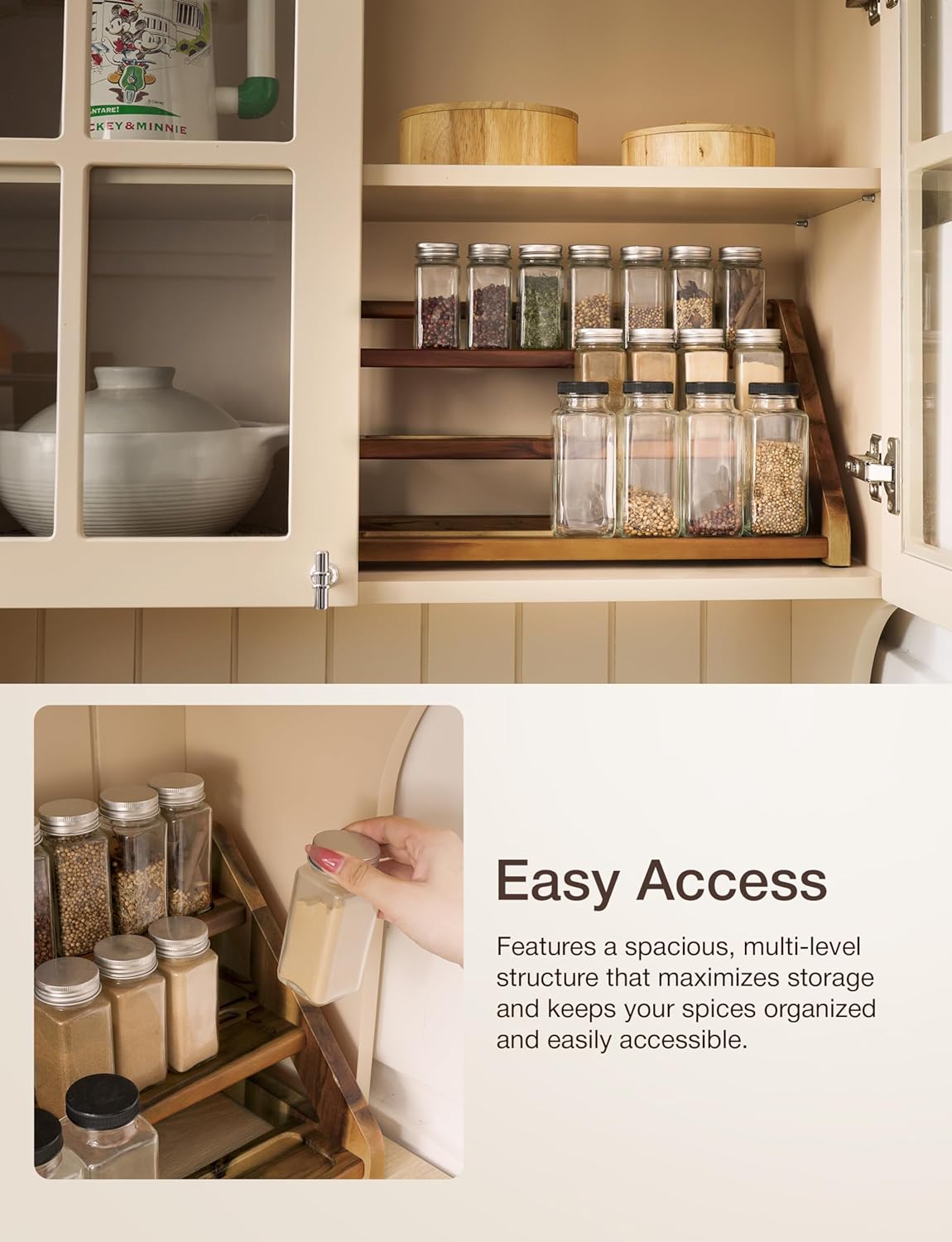 Tinamo Acacia Wood Spice Rack - Wooden 3-Tier Spice Rack Organizer for Countertop or Cabinet – Kitchen Spice Organizer and Seasoning Organizer Shelf (Walnut)