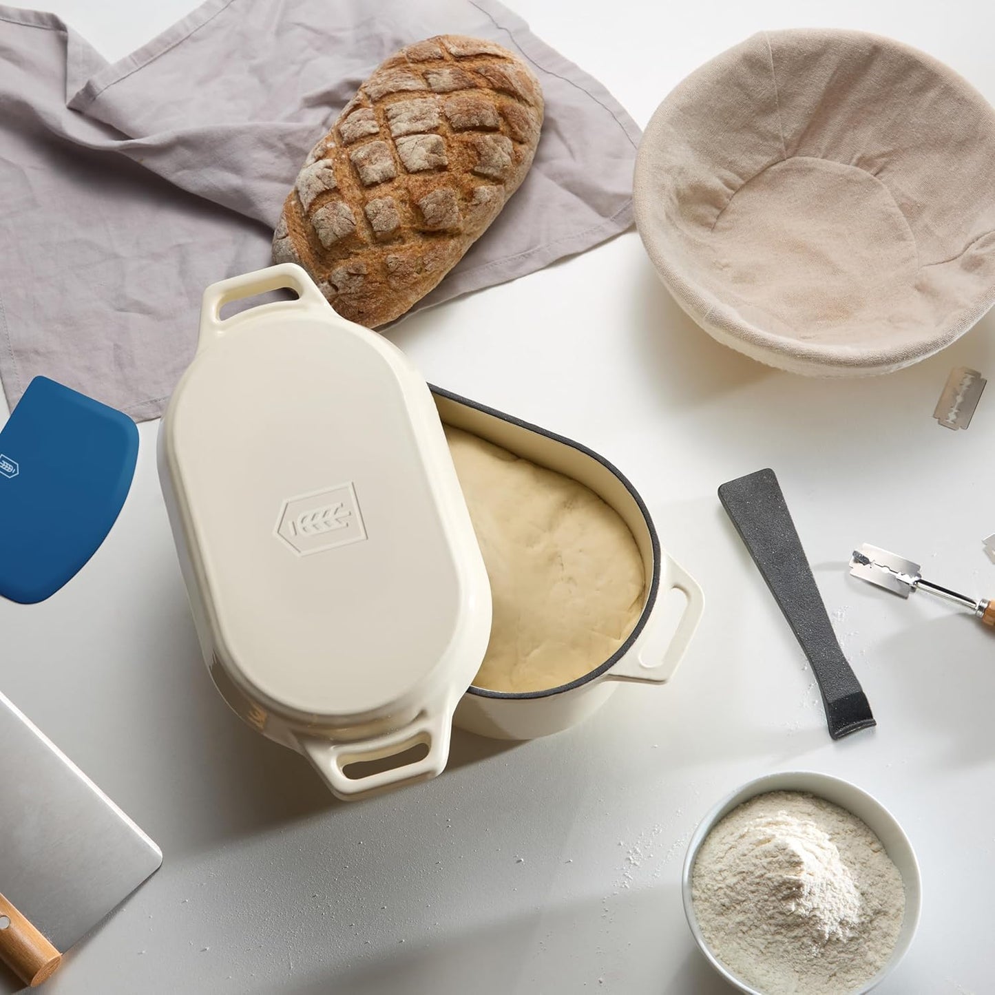 Bread Proofing Set, by Kook, Sourdough Bread, Rattan Baskets and Liners, 1 Round and 1 Oval Banneton Basket, Dough Scrapers, Scoring Lame & Case, 4 Blades, Brush, Plastic Dough Cover, Set of 2