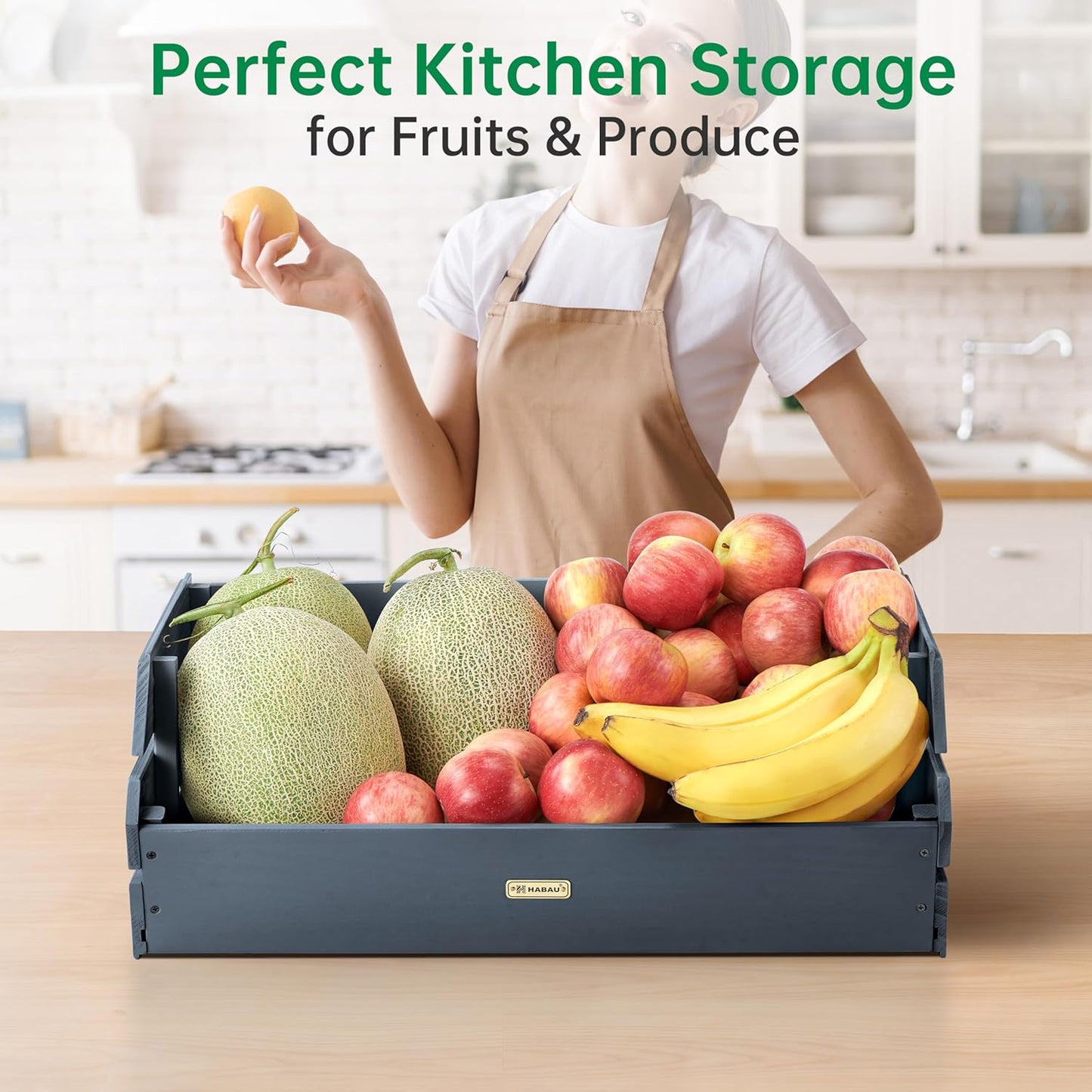 HABAU Wood Potato Onion Storage Bins - Wooden Stackable Produce Basket - Fruit Vegetable Storage for Kitchen Pantry Organization