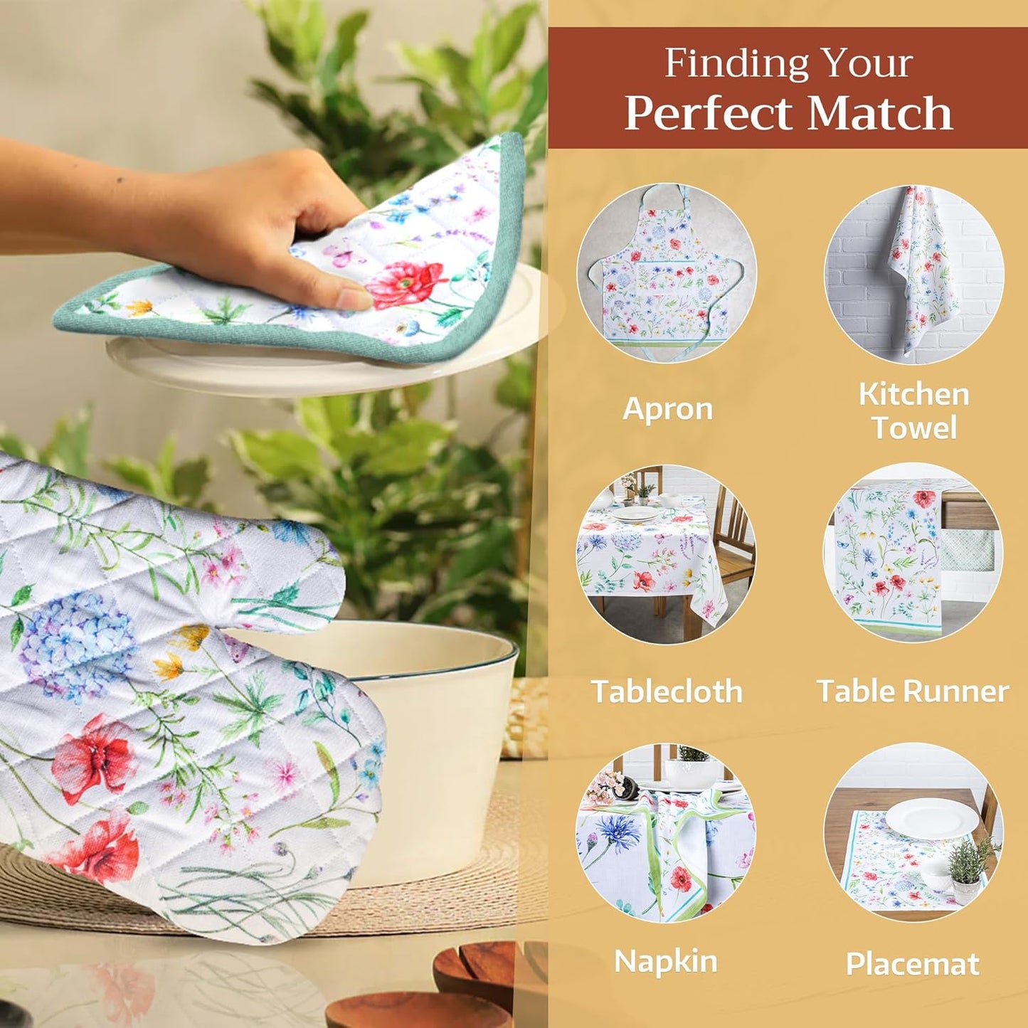 Maison d' Hermine Oven Gloves 100% Cotton Oven Mitt 7" x 13" with Loop Heat Resistant, BBQ, Cooking Gloves, Baking, Grilling, Kitchen, Handling Hot Pans Spring/Summer (Pack of 1, Just Floral)