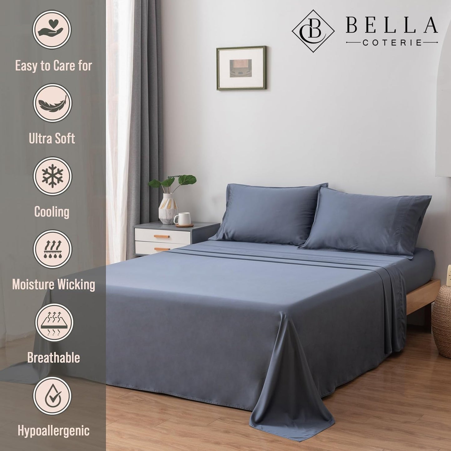 Bella Coterie Luxury Bamboo Viscose Split King Size Sheet Set | 100% Organically Grown | Ultra Soft | Cooling for Hot Sleepers | 18" Deep Pocket [Slate Blue]