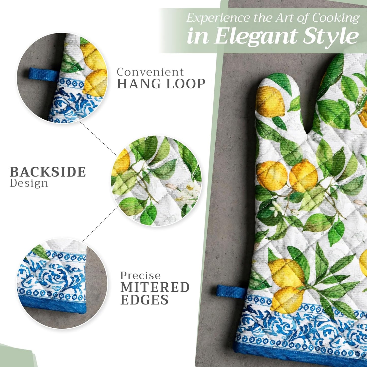 Maison d' Hermine Oven Gloves 100% Cotton Oven Mitt 7" x 13" with Loop Heat Resistant, BBQ, Cooking Gloves, Baking, Grilling, Kitchen, Handling Hot Pans Spring/Summer (Pack of 1, Cedrat)