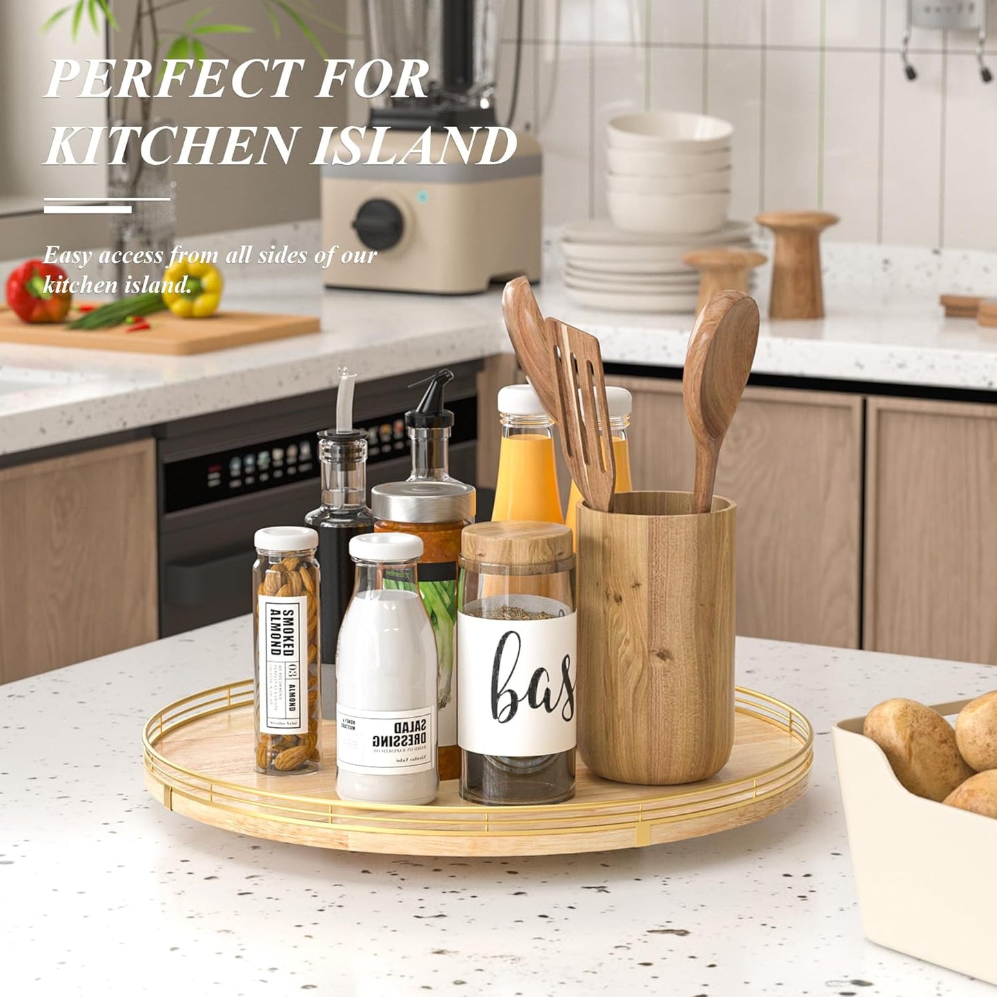 18 Inch Rustic Lazy Susan Turntable – Solid Oak & Iron Wood Rotating Tray for Dining Table, Kitchen Counter, Coffee Table – Farmhouse Style Large Wooden Lazy Susan Organizer for Home Décor