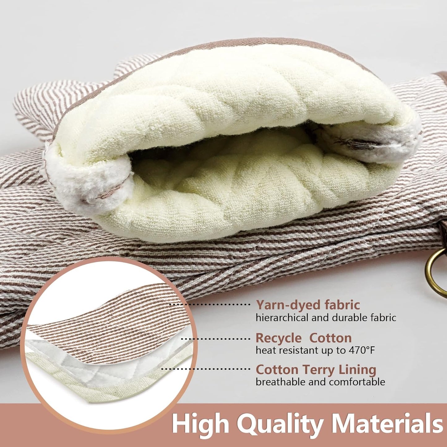 1 Pair Yarn Dyed Oven Mitts 100% Cotton Heat Resistant 470 Degree Gloves Men Women Cooking Baking Barbecue BBQ Microwave Crafting Machine Washable Pot Holders Mittens (Khaki)