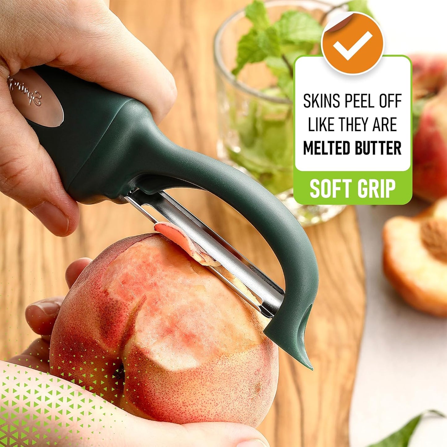 Spring Chef Premium Swivel Vegetable Peelers for Kitchen, Stainless Steel Apple Peelers with Soft Grip Handle and Sharp Blades, Perfect for Potato, Carrot, Mango, Cucumber - Set of 2 - Pine Green