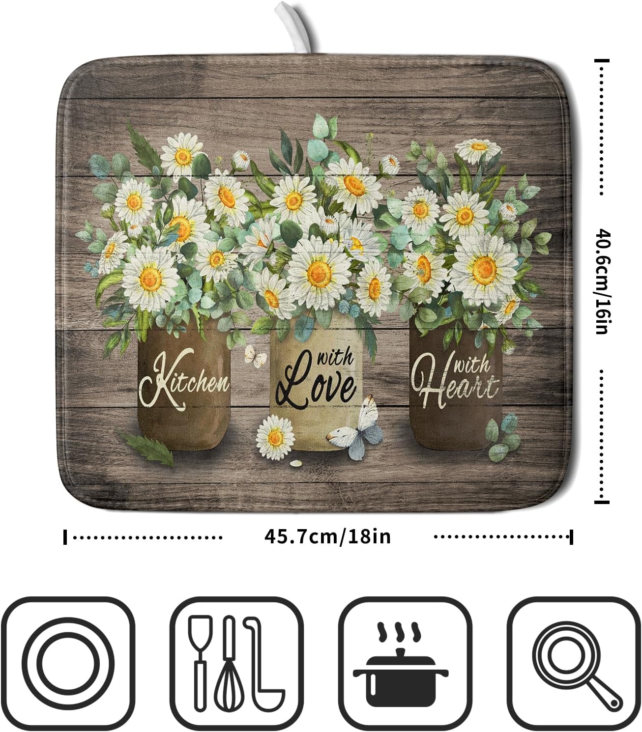 Flower Vase Dish Drying Mats 16x18 Inch Rustic Wood Reversible Microfiber Kitchen Countertop Protector Fast Dry Dish Drainer Rack Pad